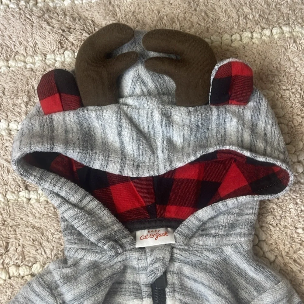 🟢 3/$15 Cat & Jack Reindeer Red Plaid Onesie Baby 3-6 months